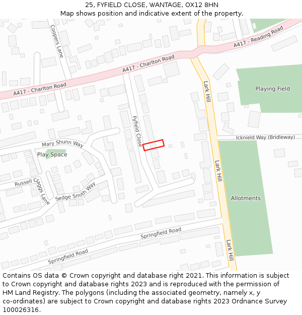 25, FYFIELD CLOSE, WANTAGE, OX12 8HN: Location map and indicative extent of plot
