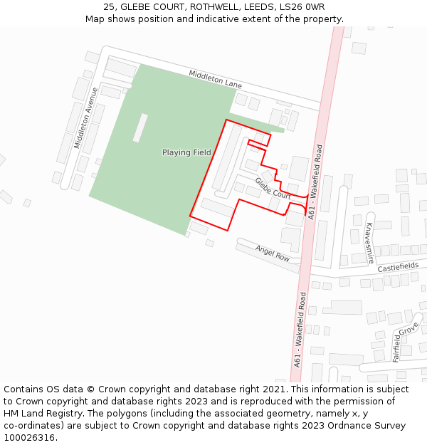 25, GLEBE COURT, ROTHWELL, LEEDS, LS26 0WR: Location map and indicative extent of plot