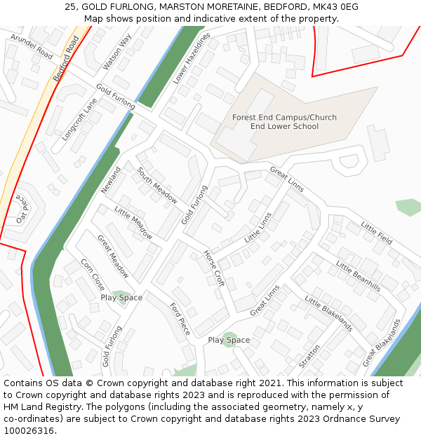 25, GOLD FURLONG, MARSTON MORETAINE, BEDFORD, MK43 0EG: Location map and indicative extent of plot