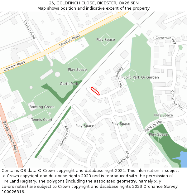 25, GOLDFINCH CLOSE, BICESTER, OX26 6EN: Location map and indicative extent of plot