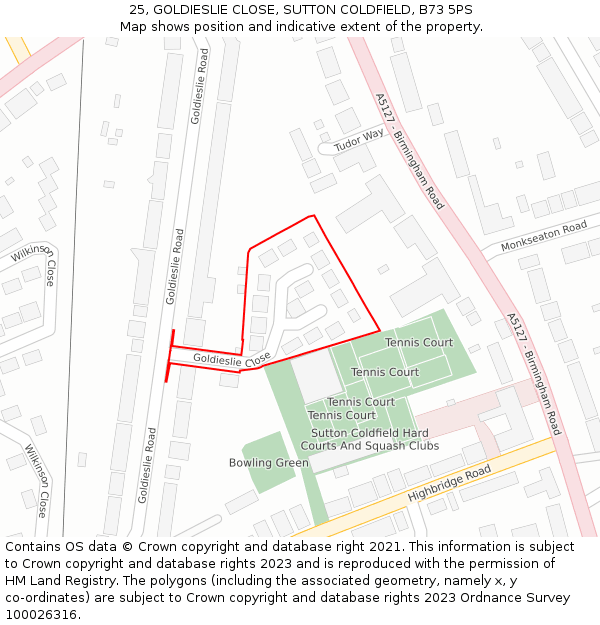 25, GOLDIESLIE CLOSE, SUTTON COLDFIELD, B73 5PS: Location map and indicative extent of plot