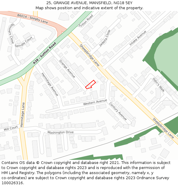 25, GRANGE AVENUE, MANSFIELD, NG18 5EY: Location map and indicative extent of plot