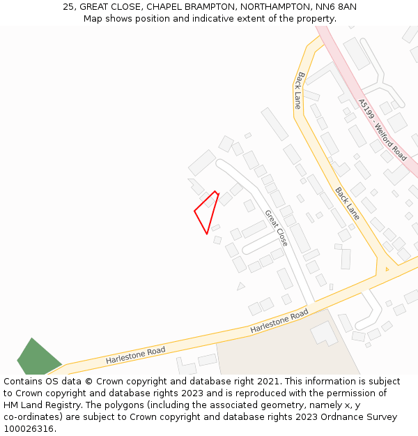 25, GREAT CLOSE, CHAPEL BRAMPTON, NORTHAMPTON, NN6 8AN: Location map and indicative extent of plot