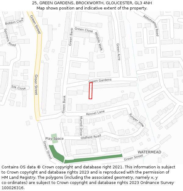 25, GREEN GARDENS, BROCKWORTH, GLOUCESTER, GL3 4NH: Location map and indicative extent of plot