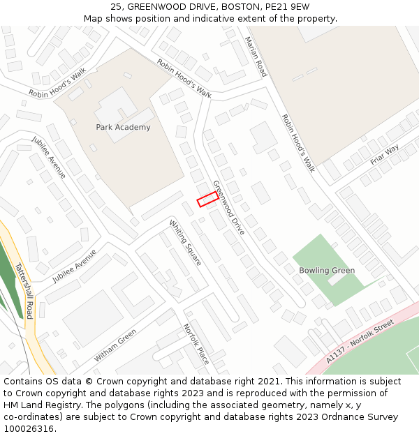 25, GREENWOOD DRIVE, BOSTON, PE21 9EW: Location map and indicative extent of plot