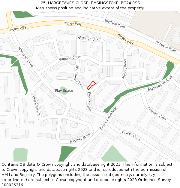 25, HARGREAVES CLOSE, BASINGSTOKE, RG24 9SS: Location map and indicative extent of plot