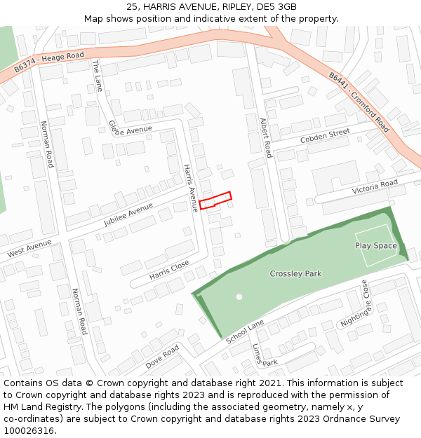 25, HARRIS AVENUE, RIPLEY, DE5 3GB: Location map and indicative extent of plot