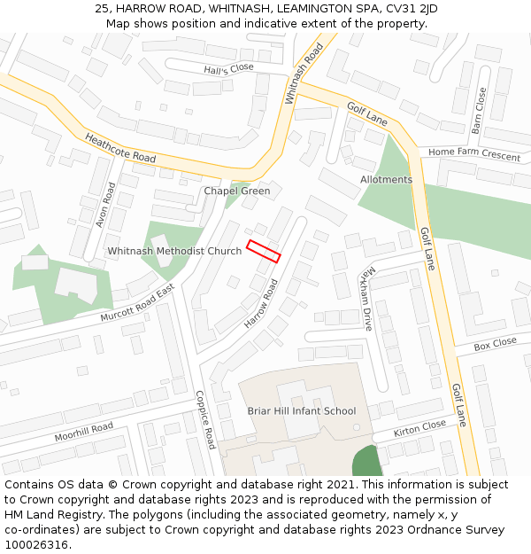 25, HARROW ROAD, WHITNASH, LEAMINGTON SPA, CV31 2JD: Location map and indicative extent of plot