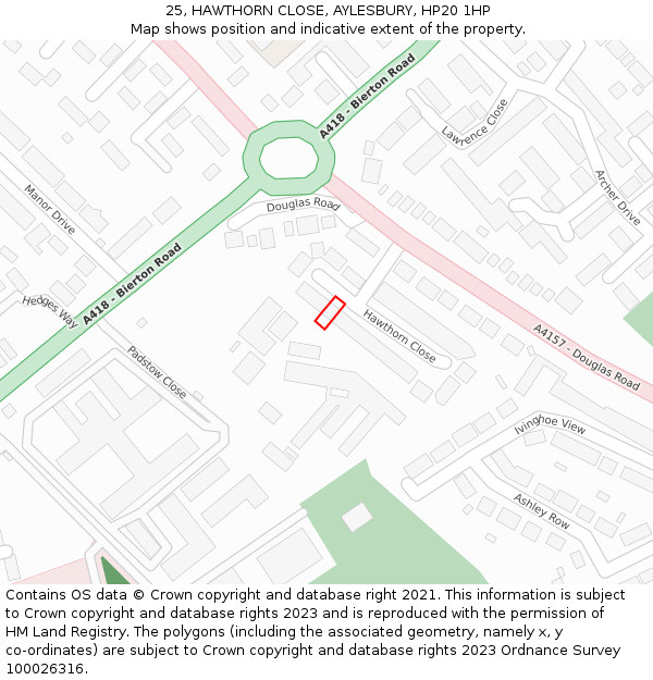 25, HAWTHORN CLOSE, AYLESBURY, HP20 1HP: Location map and indicative extent of plot