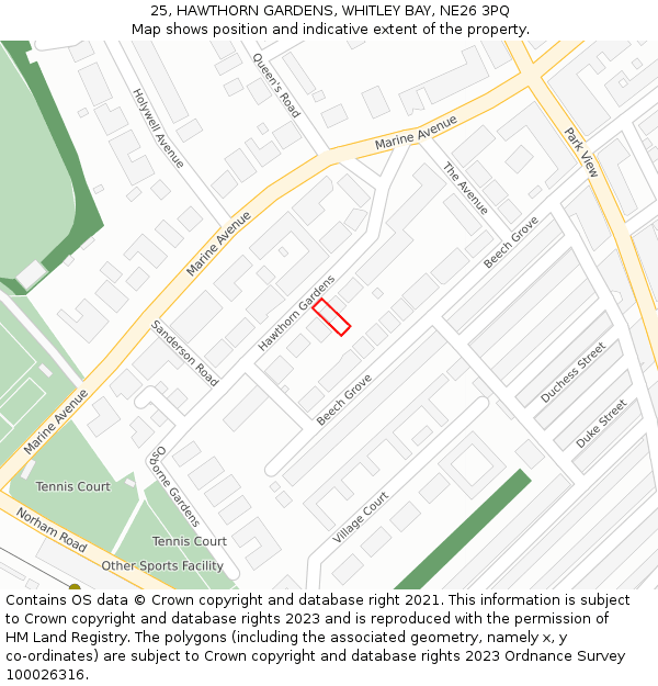 25, HAWTHORN GARDENS, WHITLEY BAY, NE26 3PQ: Location map and indicative extent of plot