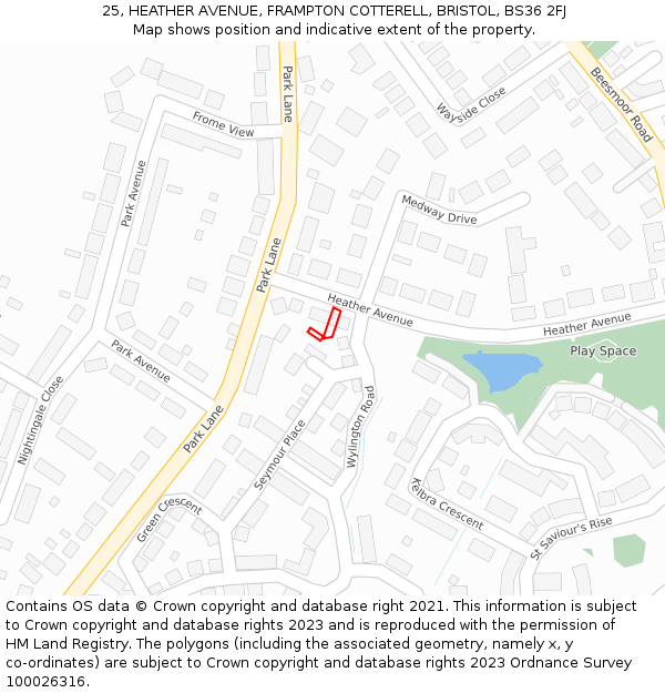 25, HEATHER AVENUE, FRAMPTON COTTERELL, BRISTOL, BS36 2FJ: Location map and indicative extent of plot