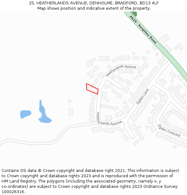 25, HEATHERLANDS AVENUE, DENHOLME, BRADFORD, BD13 4LF: Location map and indicative extent of plot