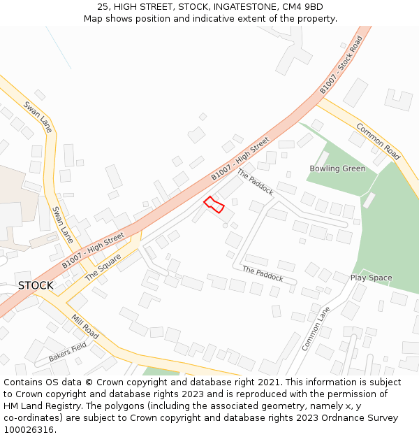 25, HIGH STREET, STOCK, INGATESTONE, CM4 9BD: Location map and indicative extent of plot