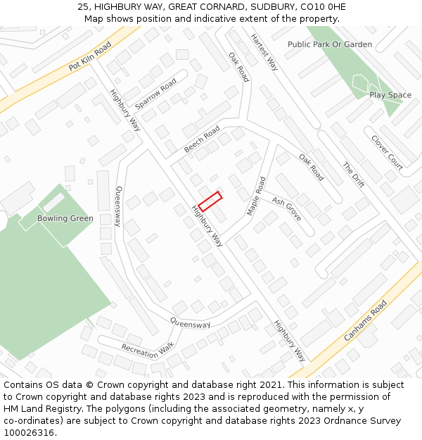 25, HIGHBURY WAY, GREAT CORNARD, SUDBURY, CO10 0HE: Location map and indicative extent of plot
