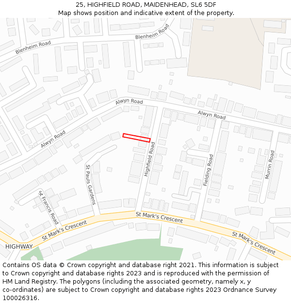 25, HIGHFIELD ROAD, MAIDENHEAD, SL6 5DF: Location map and indicative extent of plot