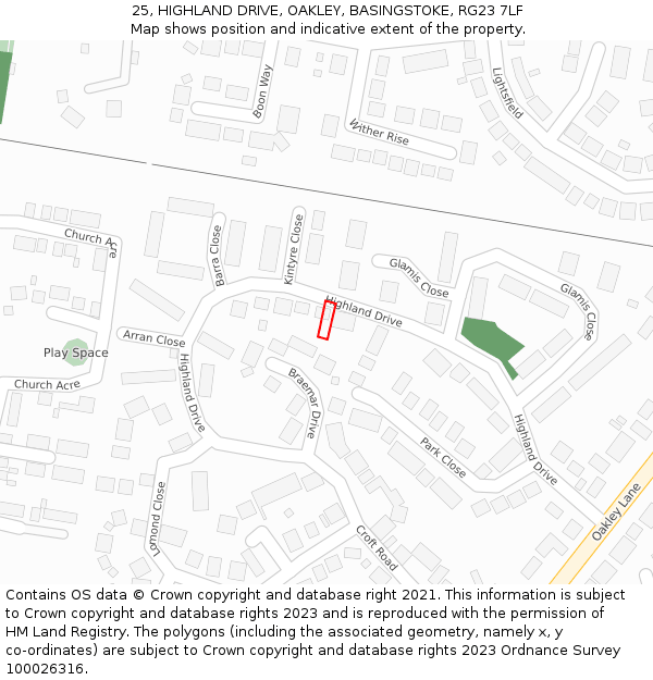 25, HIGHLAND DRIVE, OAKLEY, BASINGSTOKE, RG23 7LF: Location map and indicative extent of plot