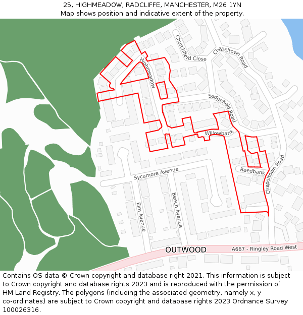 25, HIGHMEADOW, RADCLIFFE, MANCHESTER, M26 1YN: Location map and indicative extent of plot