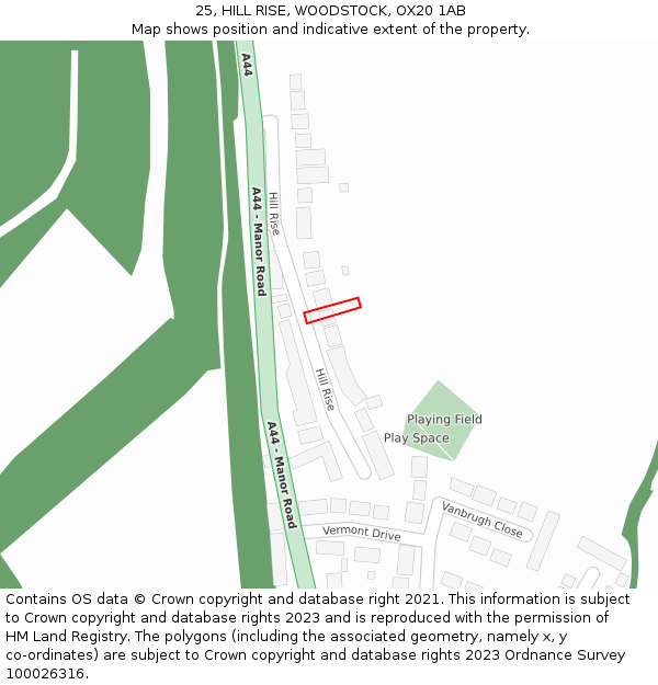 25, HILL RISE, WOODSTOCK, OX20 1AB: Location map and indicative extent of plot