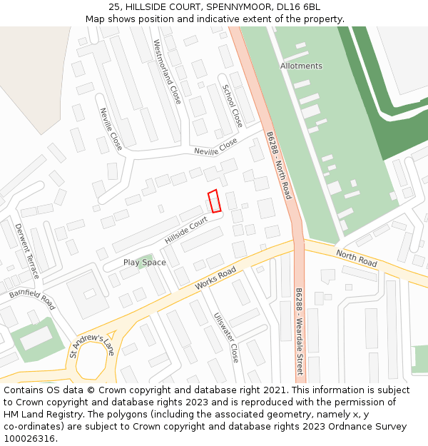 25, HILLSIDE COURT, SPENNYMOOR, DL16 6BL: Location map and indicative extent of plot