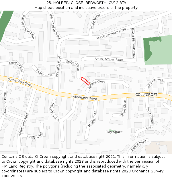 25, HOLBEIN CLOSE, BEDWORTH, CV12 8TA: Location map and indicative extent of plot