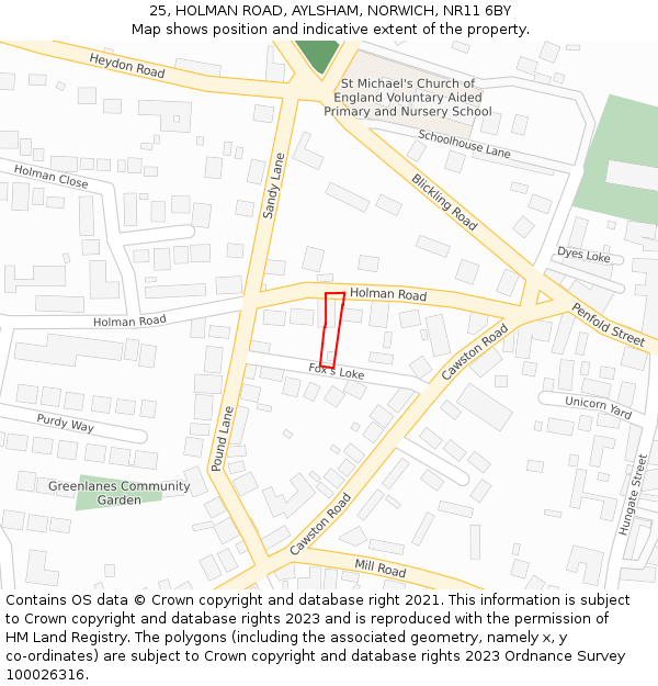 25, HOLMAN ROAD, AYLSHAM, NORWICH, NR11 6BY: Location map and indicative extent of plot