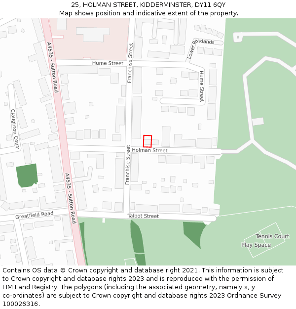 25, HOLMAN STREET, KIDDERMINSTER, DY11 6QY: Location map and indicative extent of plot