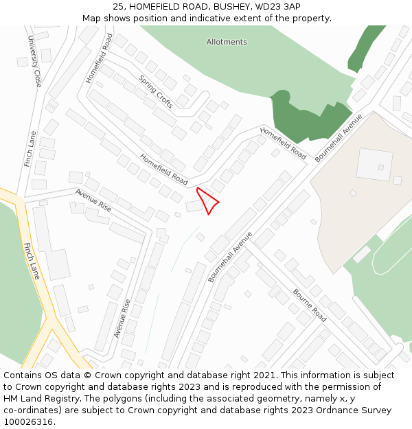 25, HOMEFIELD ROAD, BUSHEY, WD23 3AP: Location map and indicative extent of plot