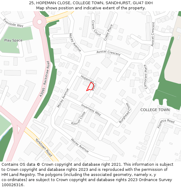 25, HOPEMAN CLOSE, COLLEGE TOWN, SANDHURST, GU47 0XH: Location map and indicative extent of plot