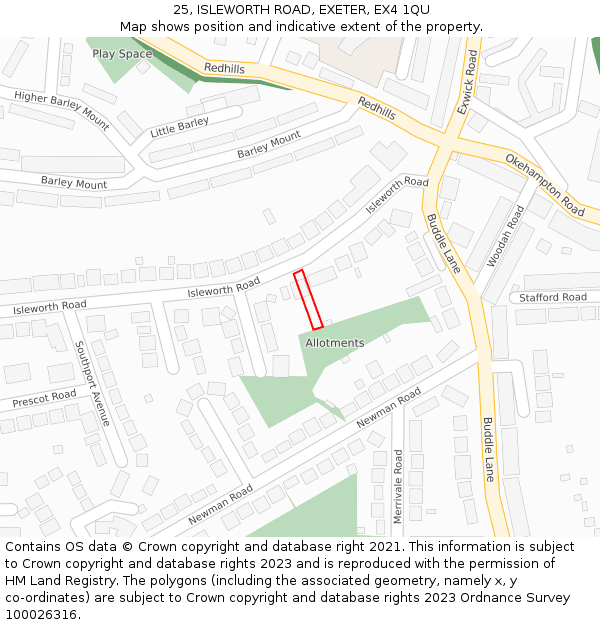 25, ISLEWORTH ROAD, EXETER, EX4 1QU: Location map and indicative extent of plot