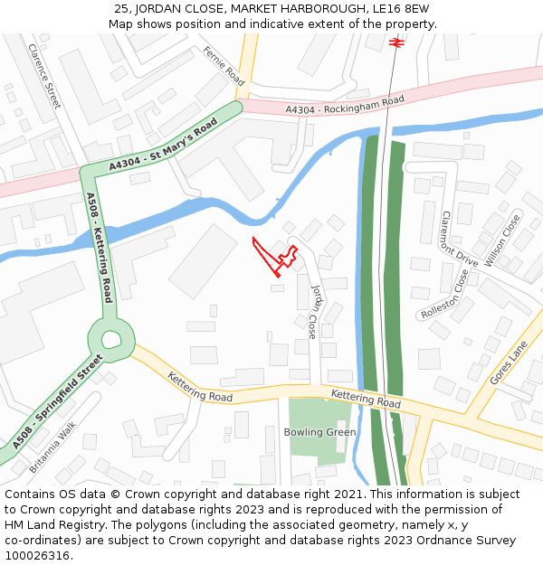 25, JORDAN CLOSE, MARKET HARBOROUGH, LE16 8EW: Location map and indicative extent of plot