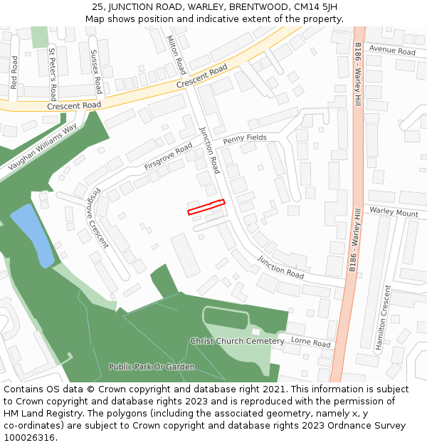 25, JUNCTION ROAD, WARLEY, BRENTWOOD, CM14 5JH: Location map and indicative extent of plot