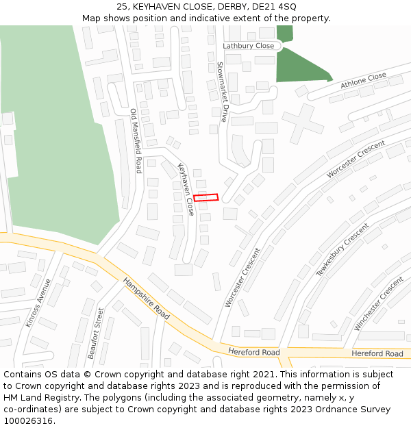 25, KEYHAVEN CLOSE, DERBY, DE21 4SQ: Location map and indicative extent of plot
