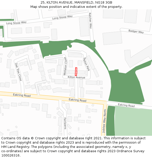 25, KILTON AVENUE, MANSFIELD, NG18 3GB: Location map and indicative extent of plot