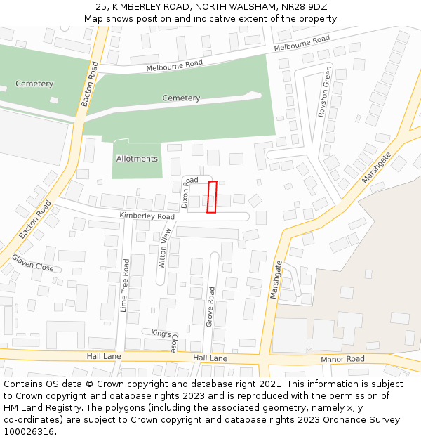 25, KIMBERLEY ROAD, NORTH WALSHAM, NR28 9DZ: Location map and indicative extent of plot
