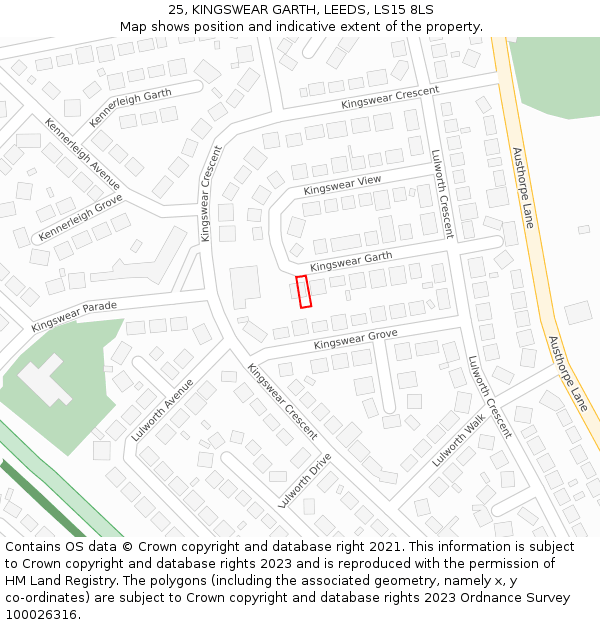 25, KINGSWEAR GARTH, LEEDS, LS15 8LS: Location map and indicative extent of plot