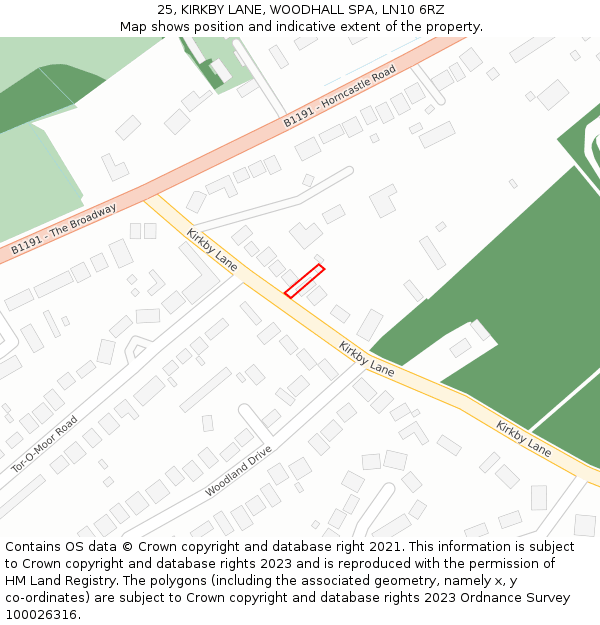 25, KIRKBY LANE, WOODHALL SPA, LN10 6RZ: Location map and indicative extent of plot