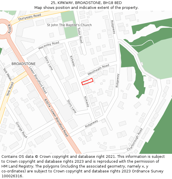 25, KIRKWAY, BROADSTONE, BH18 8ED: Location map and indicative extent of plot