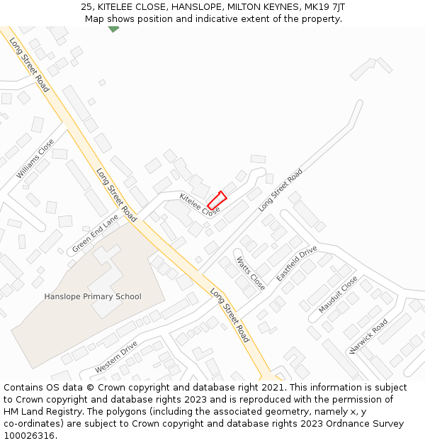25, KITELEE CLOSE, HANSLOPE, MILTON KEYNES, MK19 7JT: Location map and indicative extent of plot