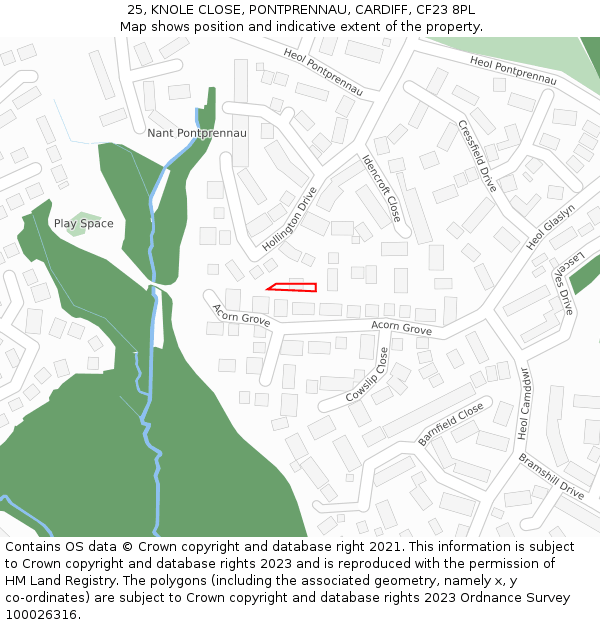 25, KNOLE CLOSE, PONTPRENNAU, CARDIFF, CF23 8PL: Location map and indicative extent of plot