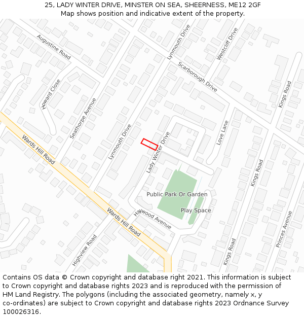 25, LADY WINTER DRIVE, MINSTER ON SEA, SHEERNESS, ME12 2GF: Location map and indicative extent of plot