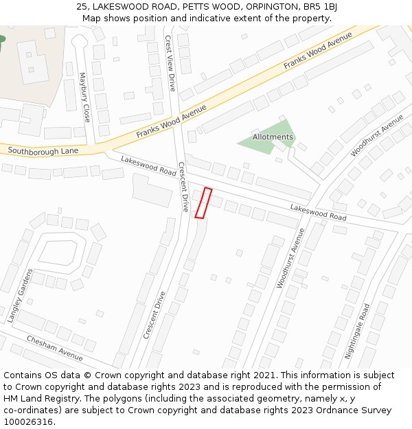 25, LAKESWOOD ROAD, PETTS WOOD, ORPINGTON, BR5 1BJ: Location map and indicative extent of plot
