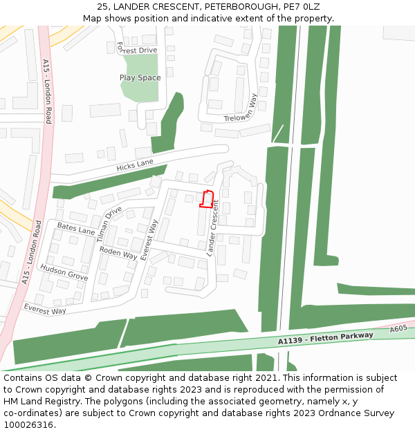 25, LANDER CRESCENT, PETERBOROUGH, PE7 0LZ: Location map and indicative extent of plot