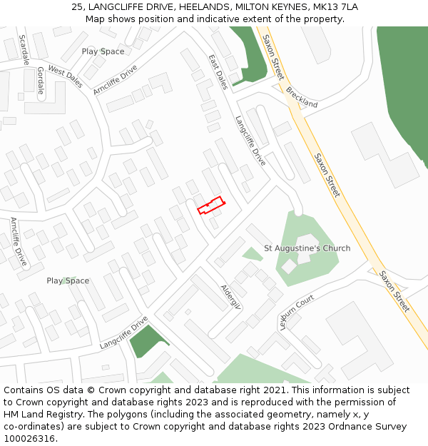 25, LANGCLIFFE DRIVE, HEELANDS, MILTON KEYNES, MK13 7LA: Location map and indicative extent of plot