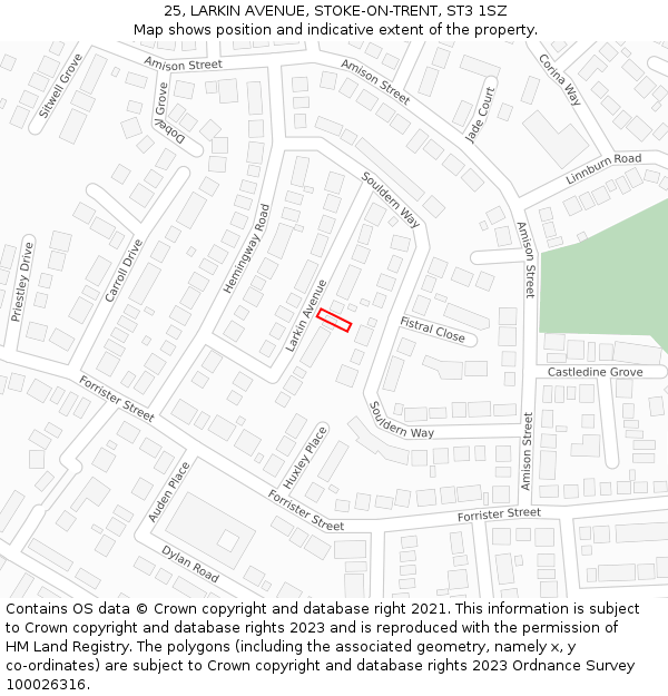 25, LARKIN AVENUE, STOKE-ON-TRENT, ST3 1SZ: Location map and indicative extent of plot