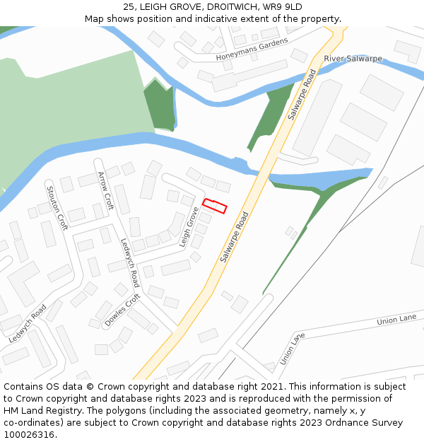 25, LEIGH GROVE, DROITWICH, WR9 9LD: Location map and indicative extent of plot