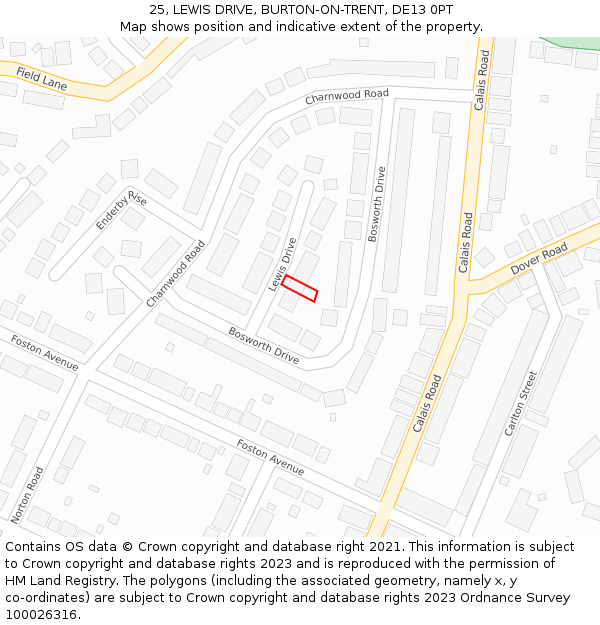 25, LEWIS DRIVE, BURTON-ON-TRENT, DE13 0PT: Location map and indicative extent of plot