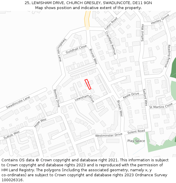 25, LEWISHAM DRIVE, CHURCH GRESLEY, SWADLINCOTE, DE11 9GN: Location map and indicative extent of plot