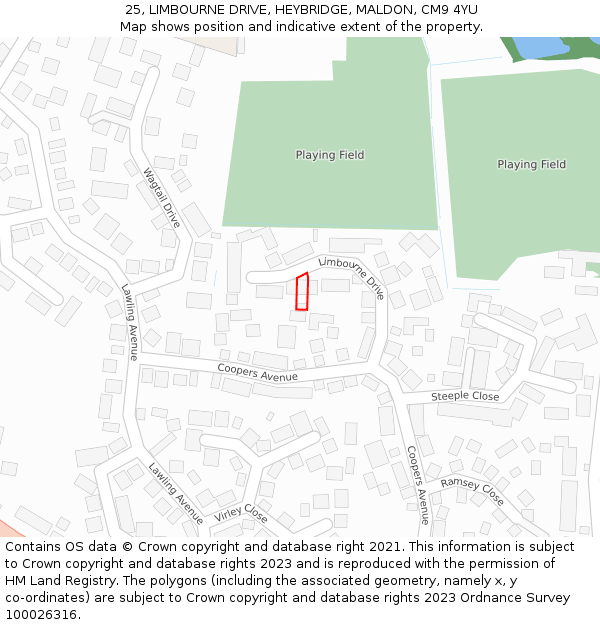 25, LIMBOURNE DRIVE, HEYBRIDGE, MALDON, CM9 4YU: Location map and indicative extent of plot