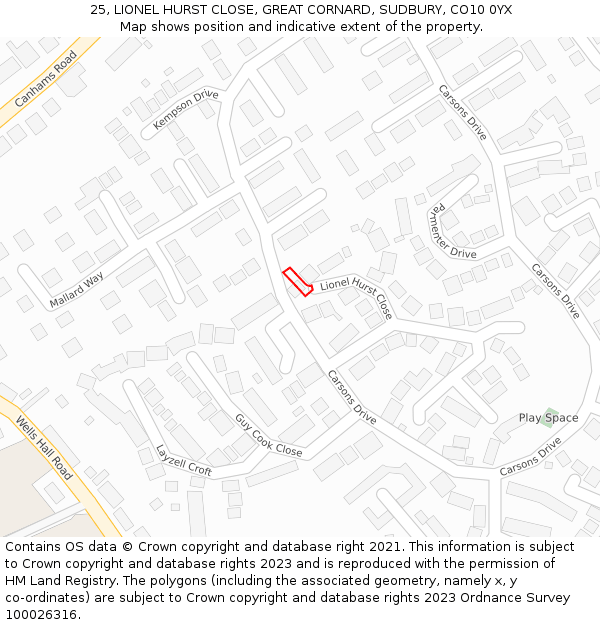 25, LIONEL HURST CLOSE, GREAT CORNARD, SUDBURY, CO10 0YX: Location map and indicative extent of plot