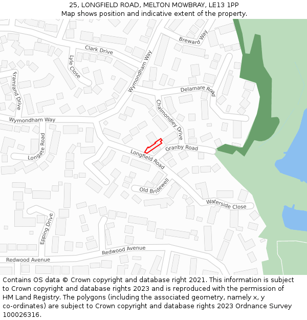 25, LONGFIELD ROAD, MELTON MOWBRAY, LE13 1PP: Location map and indicative extent of plot